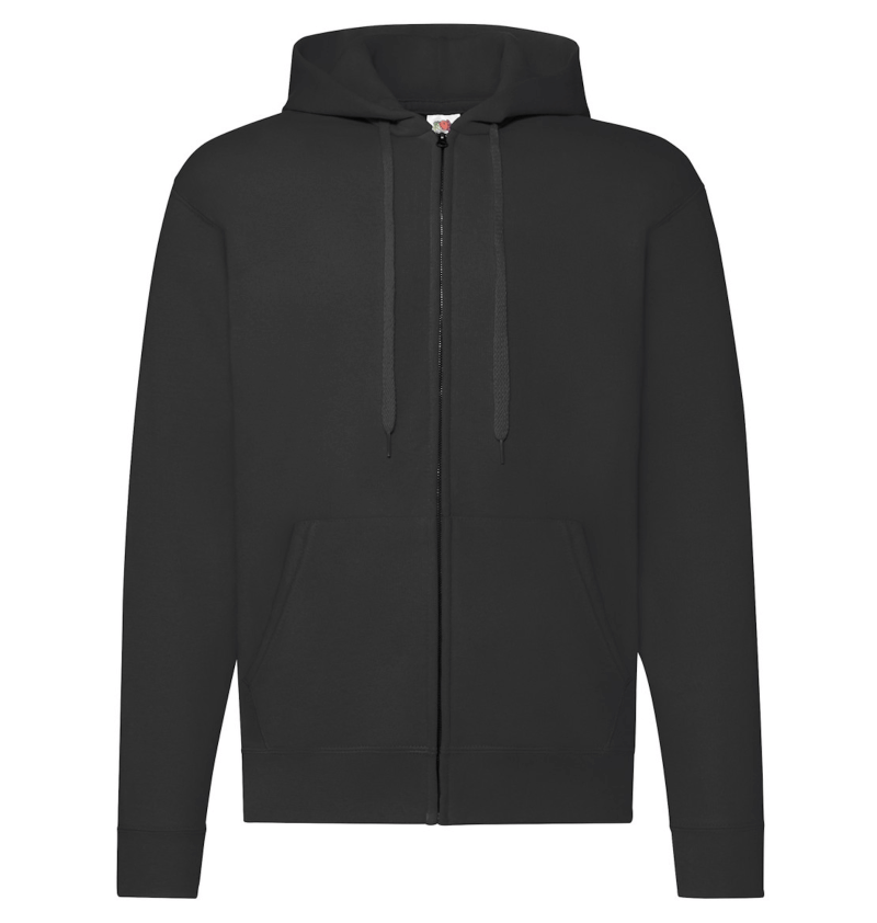 FELPE FELPA PERSONALIZZATA ZIP E CAPPUCCIO RIVENDITORI DISTRIBUTORI INGROSSO FORNITORI FRUIT OF THE LOOM ALTEREGO CUSTOM SHOP CON STAMPA nera