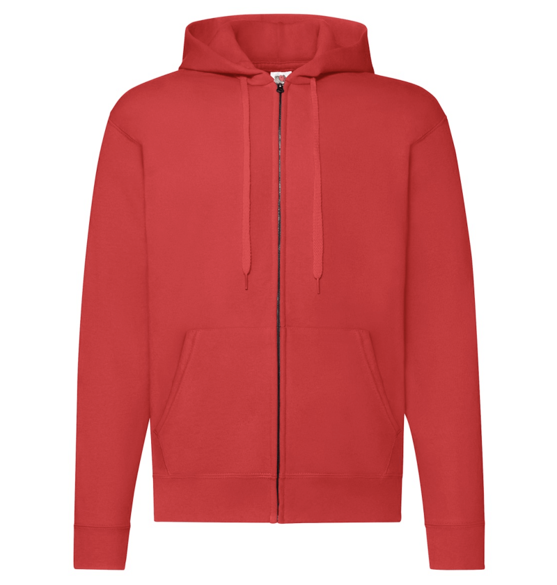 FELPE FELPA PERSONALIZZATA ZIP E CAPPUCCIO RIVENDITORI DISTRIBUTORI INGROSSO FORNITORI FRUIT OF THE LOOM ALTEREGO CUSTOM SHOP CON STAMPA Rossa