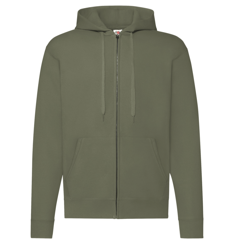 FELPE FELPA PERSONALIZZATA ZIP E CAPPUCCIO RIVENDITORI DISTRIBUTORI INGROSSO FORNITORI FRUIT OF THE LOOM ALTEREGO CUSTOM SHOP CON STAMPA Verde Oliva Militare
