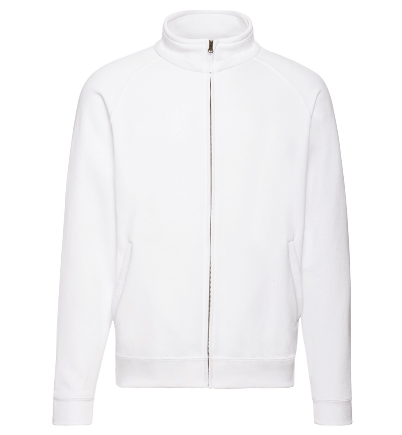 FELPE FELPA PERSONALIZZATA ZIP senza cappuccio RIVENDITORI DISTRIBUTORI INGROSSO FORNITORI FRUIT OF THE LOOM ALTEREGO CUSTOM SHOP CON STAMPA personalizzata Bianca