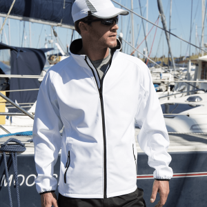 GIUBBINO SOFTSHELL bianca Giacca giacche giubbini giubbino ricamate ricamo logo stampate stampa personalizzate in softshell a due strati con interno in micropile, antivento e traspirante, zip intera con protezione per il mento, 2 tasche laterali con zip, polsini elasticizzati, offerta promozione