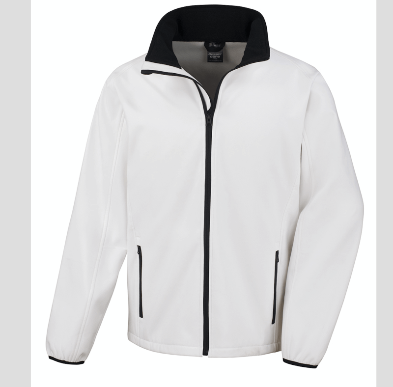 GIUBBINO SOFTSHELL bianca Giacca giacche giubbini giubbino ricamate ricamo logo stampate stampa personalizzate in softshell a due strati con interno in micropile, antivento e traspirante, zip intera con protezione per il mento, 2 tasche laterali con zip, polsini elasticizzati, offerta promozione
