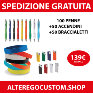 Kit Promozionale: 100 Penne + 50 Accendini + 50 Braccialetti Personalizzati - Spedizione Gratuita