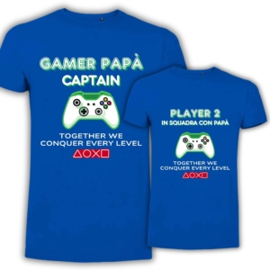 T-shirt personalizzate per papà e figlio in blu royal con design 'Together we conquer every level', ideale come regalo per la festa del papà.