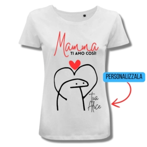 T-shirt festa della mamma personalizzata con omino cuore e dedica, colore bianco modello femminile
