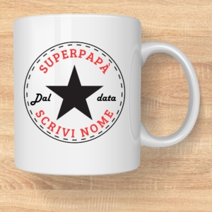 Tazza Super Papà in ceramica bianca personalizzata con nome e data.