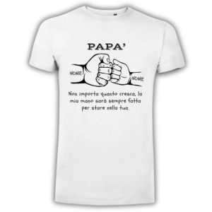 T-shirt papà personalizzata con nome e mano bambino, regalo perfetto per la Festa del Papà. bianca