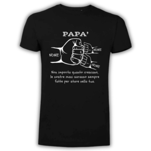 T-shirt papà personalizzata con due mani bambino e nomi, regalo perfetto per la Festa del Papà. nera