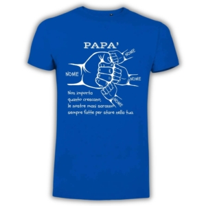 T-shirt papà personalizzata con tre mani bambino e nomi, regalo perfetto per la Festa del Papà. blu