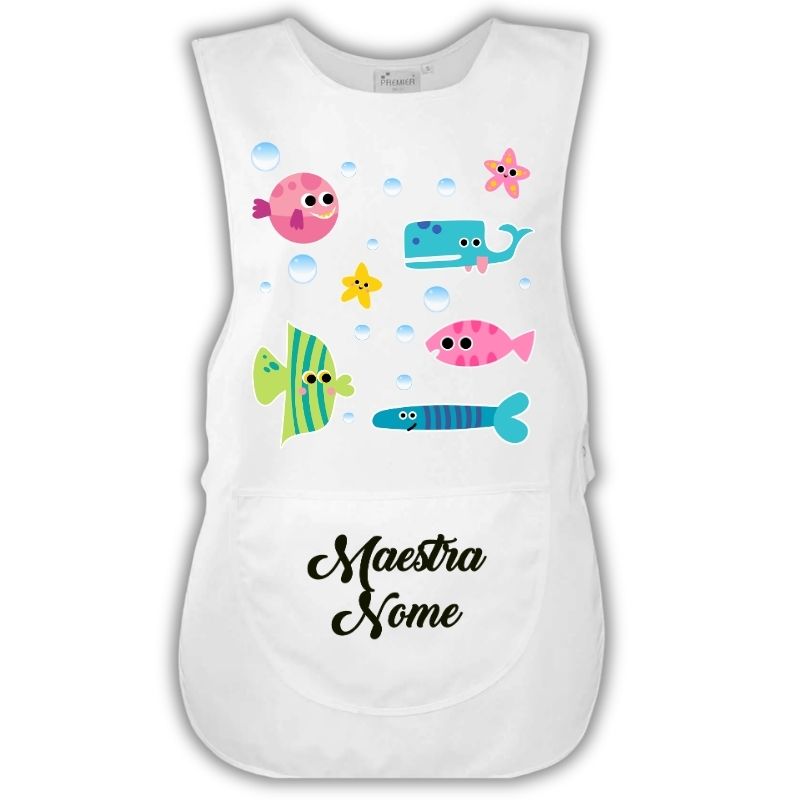 Grembiule Maestra Pesciolini bianco Grembiule da maestra personalizzato Pesciolini colore bianco con nome, per scuola dell’infanzia e asilo nido