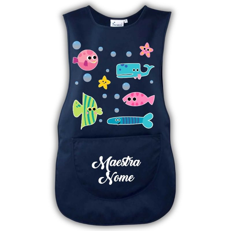 Grembiule Maestra Pesciolini blu navy Grembiule da maestra personalizzato Pesciolini colore blu scuro con nome, per scuola dell’infanzia e asilo nido