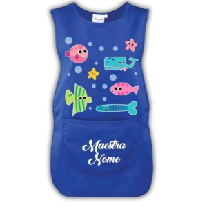 Grembiule da maestra personalizzato Pesciolini colore blu royal con nome, per scuola dell’infanzia e asilo nido