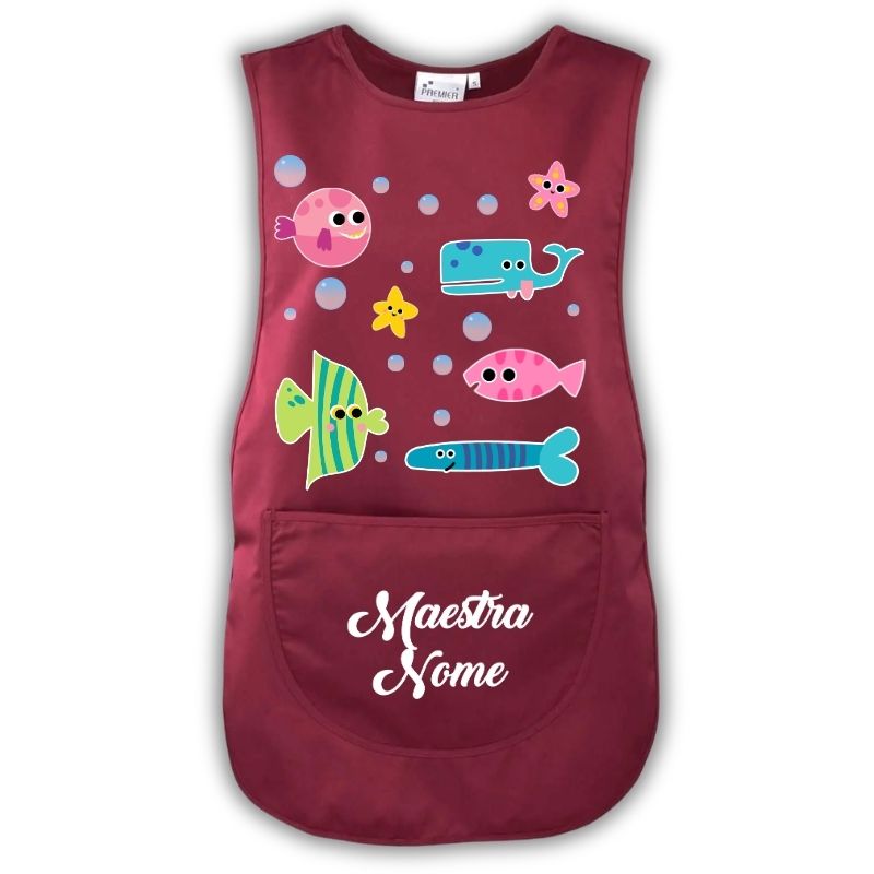Grembiule Maestra Pesciolini bordeaux Grembiule da maestra personalizzato Pesciolini colore bordeaux con nome, per scuola dell’infanzia e asilo nido