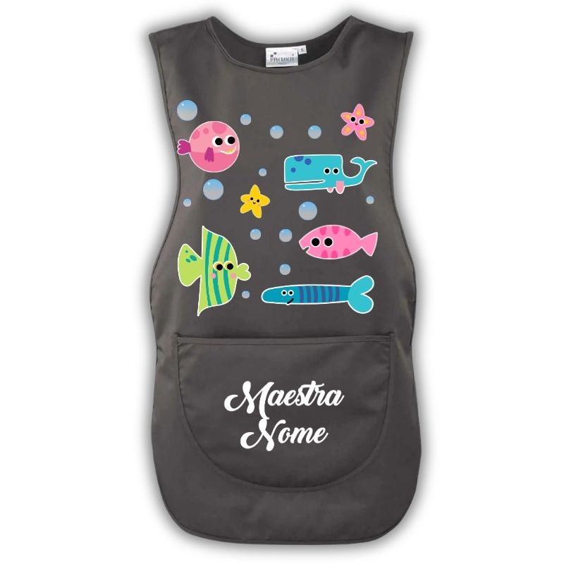 Grembiule Maestra Pesciolini grigio Grembiule da maestra personalizzato Pesciolini colore grigio con nome, per scuola dell’infanzia e asilo nido