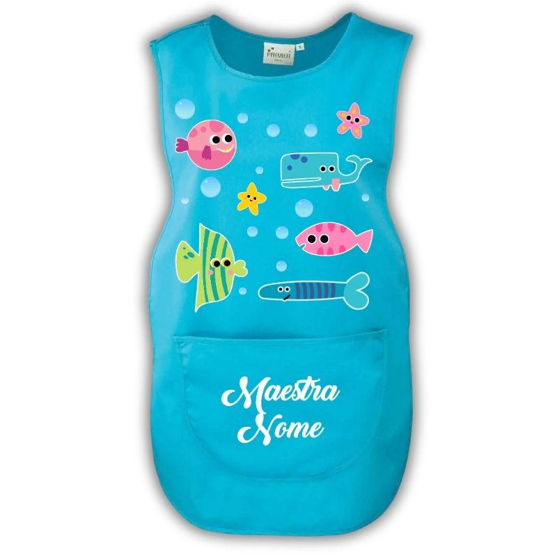 Grembiule Maestra Pesciolini turchese Grembiule da maestra personalizzato Pesciolini colore turchese con nome, per scuola dell’infanzia e asilo nido