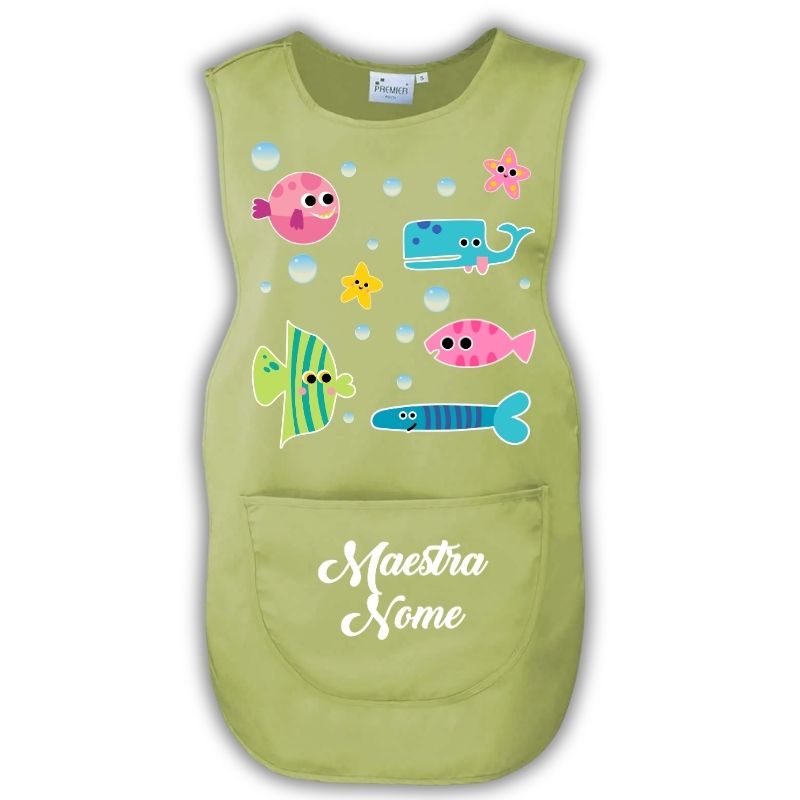 Grembiule Maestra Pesciolini verde lime Grembiule da maestra personalizzato Pesciolini colore verde lime con nome, per scuola dell’infanzia e asilo nido