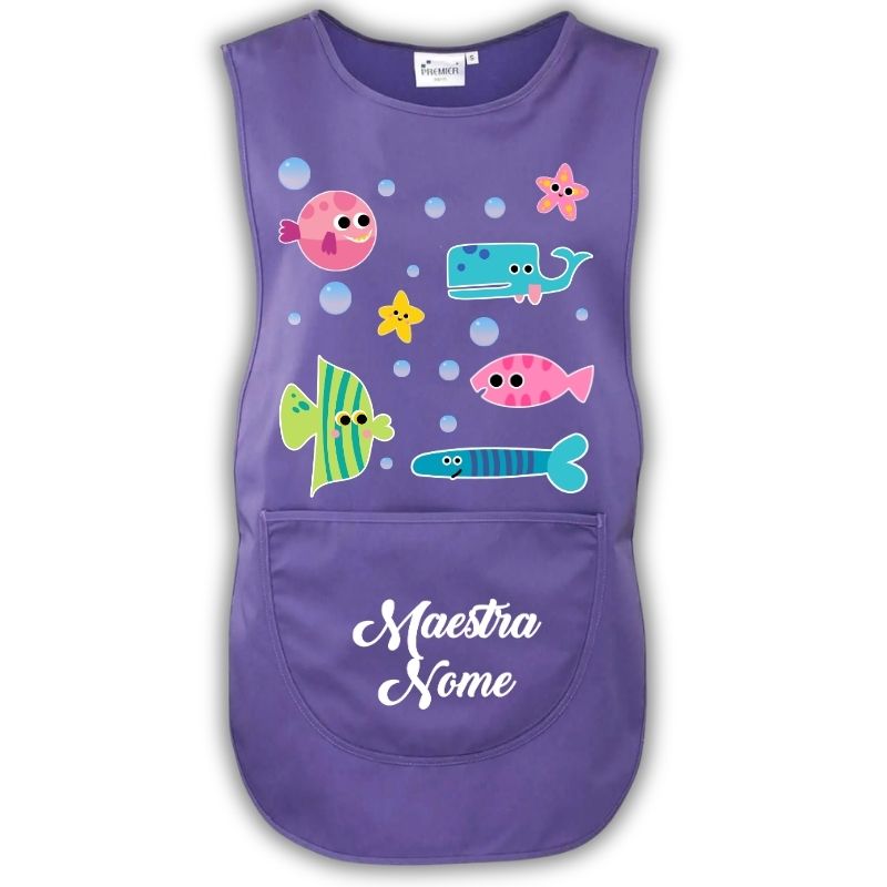 Grembiule Maestra Pesciolini viola Grembiule da maestra personalizzato Pesciolini colore viola con nome, per scuola dell’infanzia e asilo nido